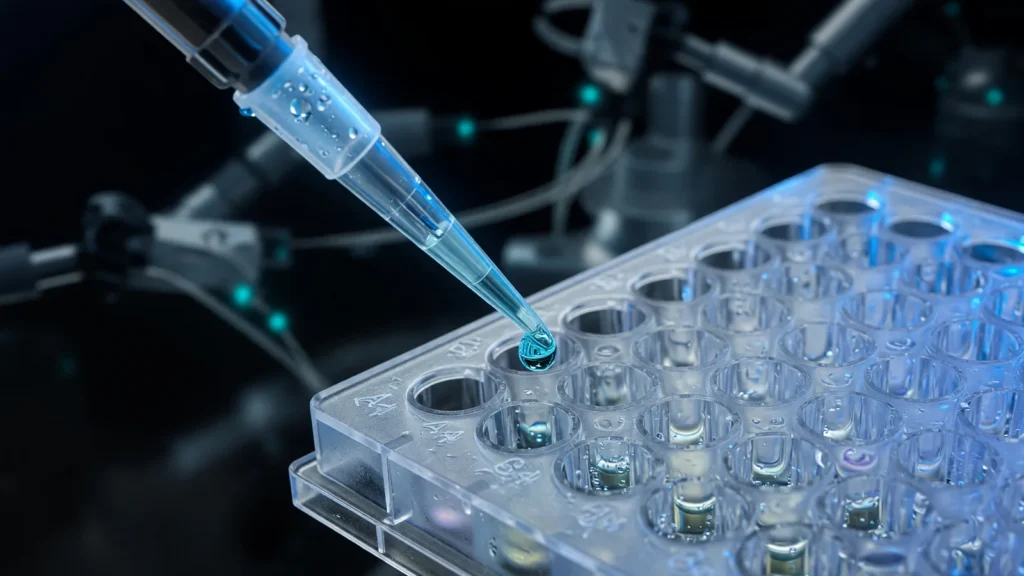 Robotic laboratory pipette dispensing a droplet into a 96-well microplate under blue light, AI-generated illustration