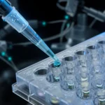 Robotic laboratory pipette dispensing a droplet into a 96-well microplate under blue light, AI-generated illustration