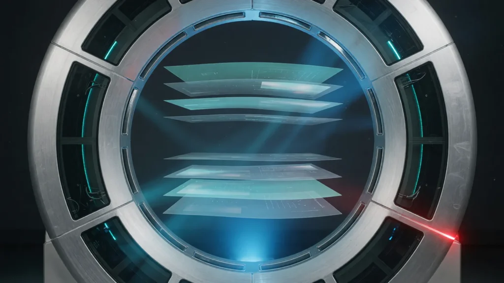 Abstract cross-section of a CT scanner ring with translucent layered imaging planes lit in clinical blue light