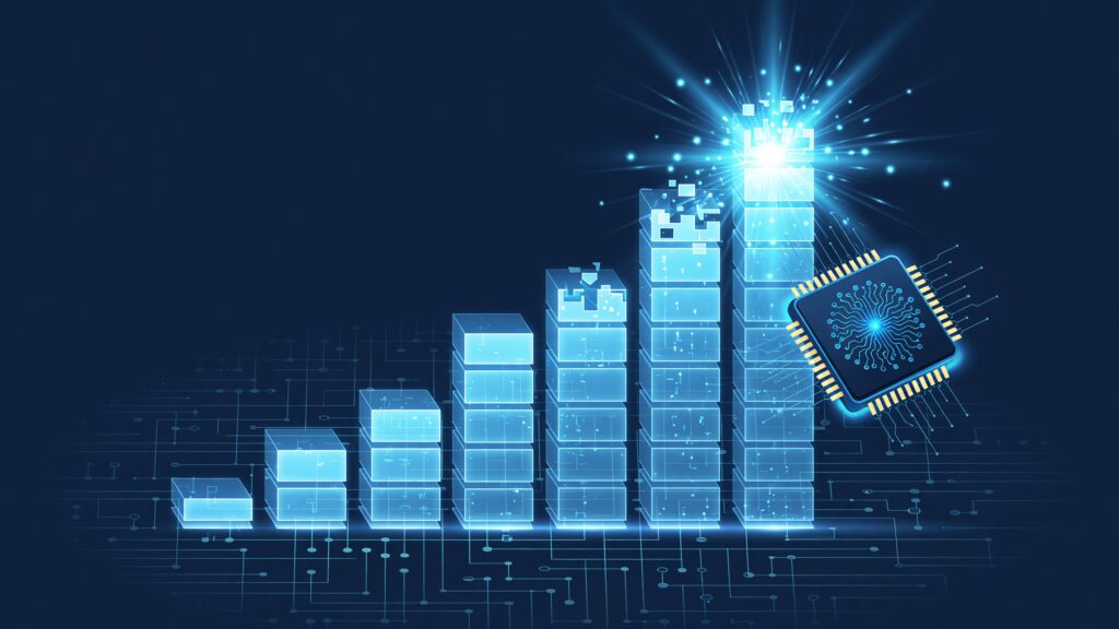 Glowing ascending bar chart erupting in light beside a stylized AI chip, representing Anthropic's compounding valuation