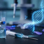 Vaccine vial and syringe beside a glowing blue DNA double helix, AI-generated illustration