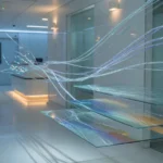 Abstract glass data threads flowing through a softly lit clinical corridor, evoking AI monitoring of patient risk.