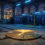 Industrial hall of blue-lit server racks beside a high-voltage substation, with a golden disc dissolving into circuitry.