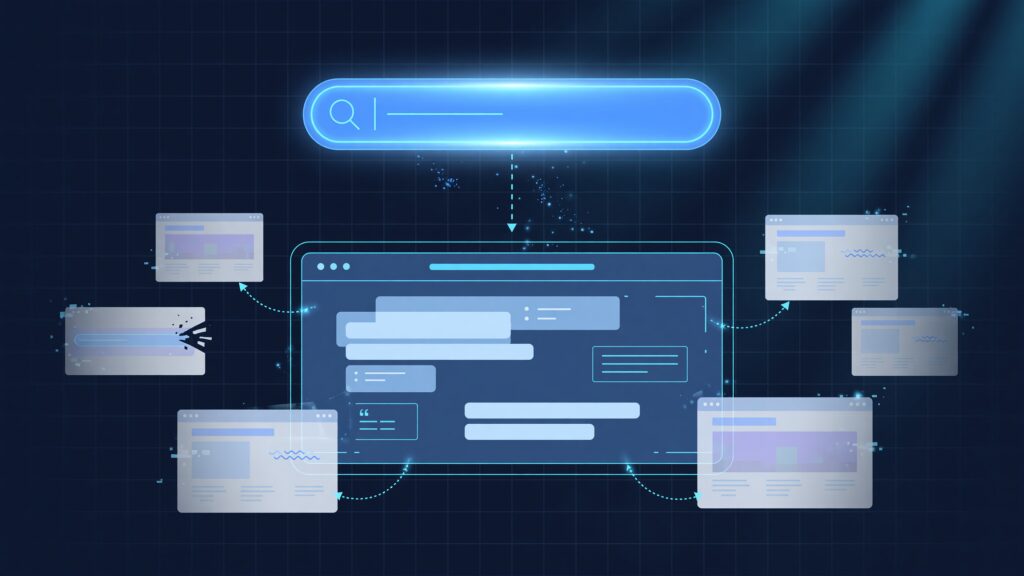 Illustration of a Google search bar feeding a conversational AI answer panel while surrounding webpage cards fade