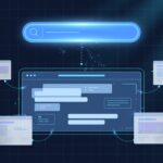 Illustration of a Google search bar feeding a conversational AI answer panel while surrounding webpage cards fade