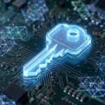 Glowing digital certificate icon on a circuit board with a crystalline lattice pattern, AI-generated illustration