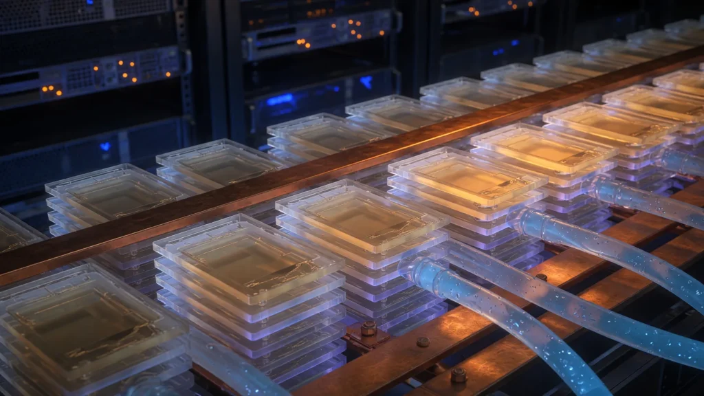 Stacked memory modules interwoven with copper power busbars and liquid-cooling tubes in a dark data center hall