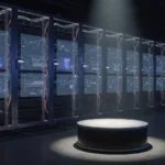 Abstract server hall lit like a rehearsal stage, evoking simulated environments where AI agents practice enterprise tasks.