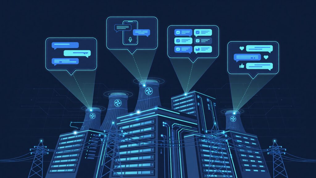Glowing data center complex feeding four floating chat panels, representing Meta AI embedded across messaging apps