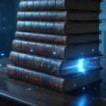 Stack of law books with glowing blue digital light between the pages, AI-generated illustration