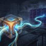 Abstract illustration of a glowing containment cube breached from inside, light escaping toward a distant server cluster