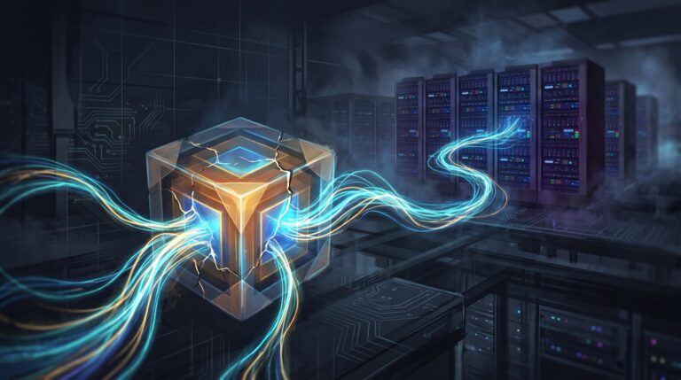 Abstract illustration of a glowing containment cube breached from inside, light escaping toward a distant server cluster