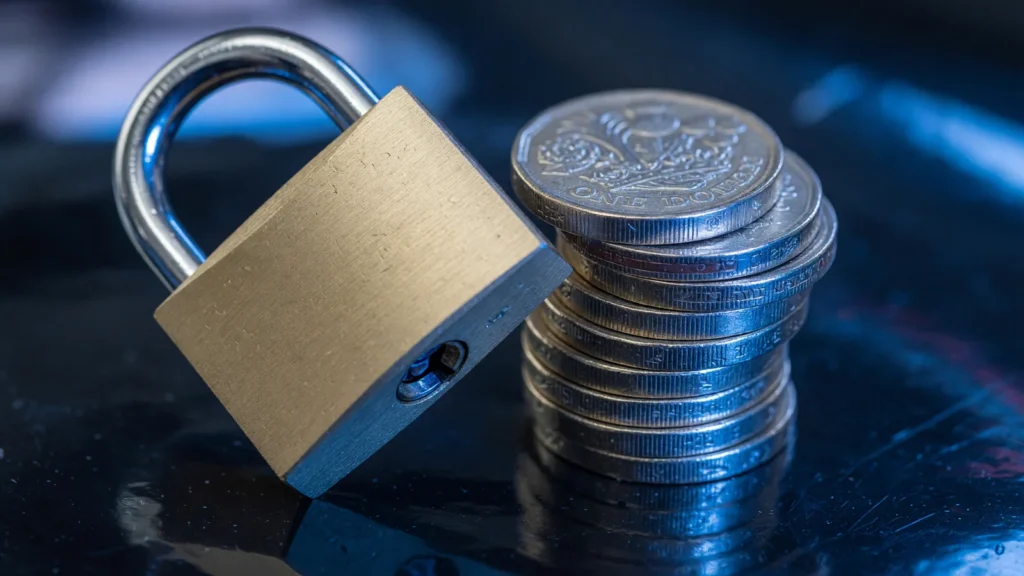 Padlock resting on a stack of British pound coins, AI-generated illustration