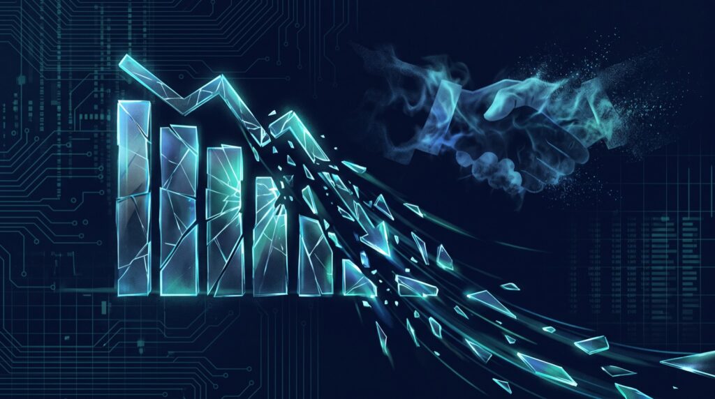 Abstract illustration of glowing glass shards breaking downward from a fractured bar chart shape