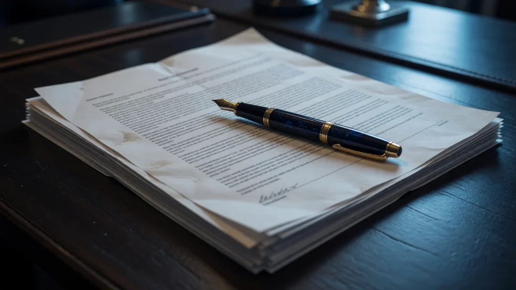 Fountain pen on a contract document on a dark desk, AI-generated illustration