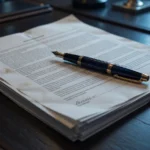 Fountain pen on a contract document on a dark desk, AI-generated illustration