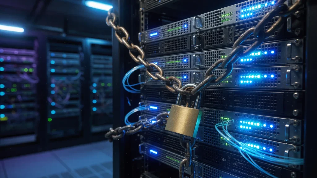 Industrial chain and padlock around a glowing server rack, AI-generated illustration