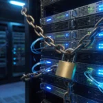 Industrial chain and padlock around a glowing server rack, AI-generated illustration