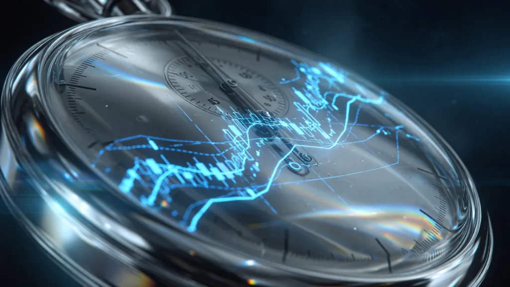 Chrome stopwatch reflecting rising chart lines, AI-generated illustration
