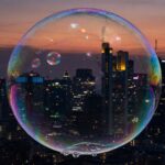 A large transparent bubble floating above a city financial district at dusk