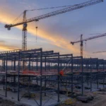 Construction cranes over a rising data center frame at dawn, AI-generated illustration