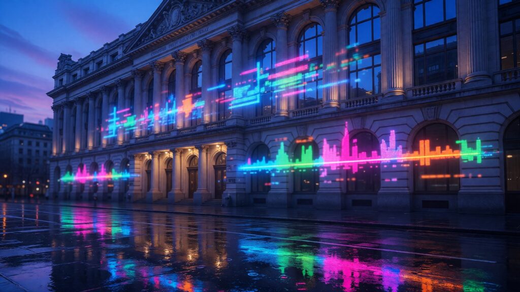 A stock exchange building facade with classical columns at blue hour