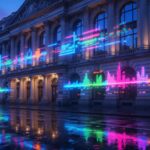 A stock exchange building facade with classical columns at blue hour