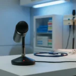 Desktop microphone in a medical consultation room, AI-generated illustration