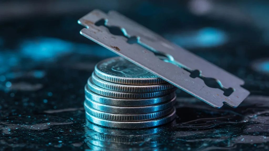 Razor blade balanced on a stack of coins, AI-generated illustration