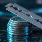 Razor blade balanced on a stack of coins, AI-generated illustration