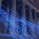 Neoclassical government columns with flowing data light, AI-generated illustration