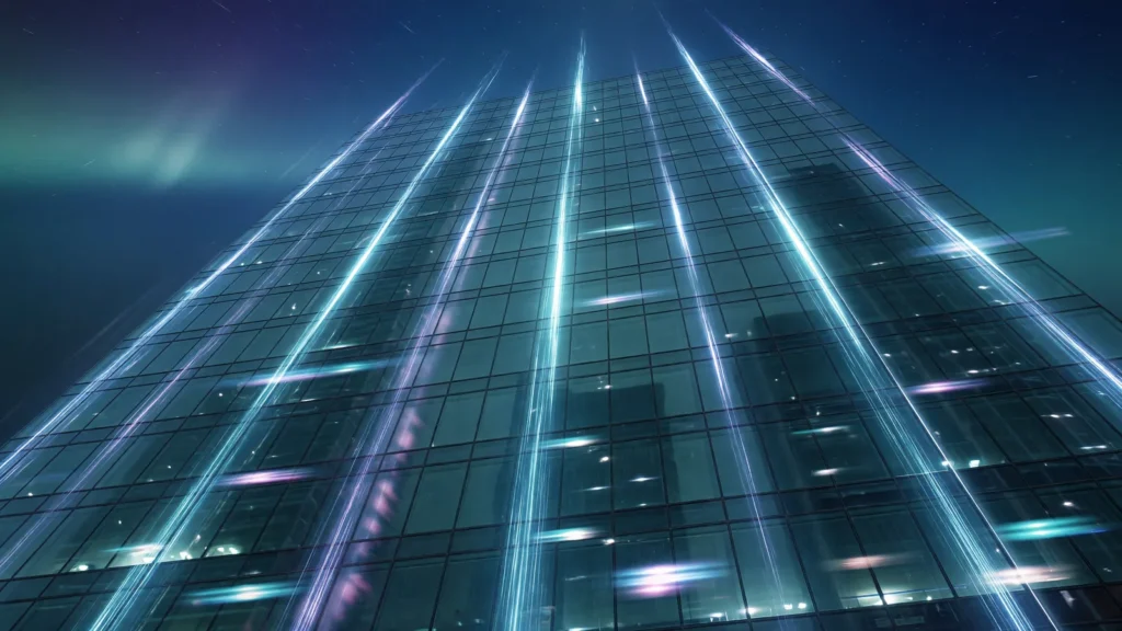 Skyscraper at night with rising light columns, AI-generated illustration