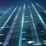 Skyscraper at night with rising light columns, AI-generated illustration