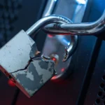 Broken padlock on a server cabinet handle, AI-generated illustration