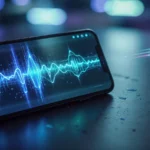 Smartphone glowing with an abstract voice waveform, AI-generated illustration