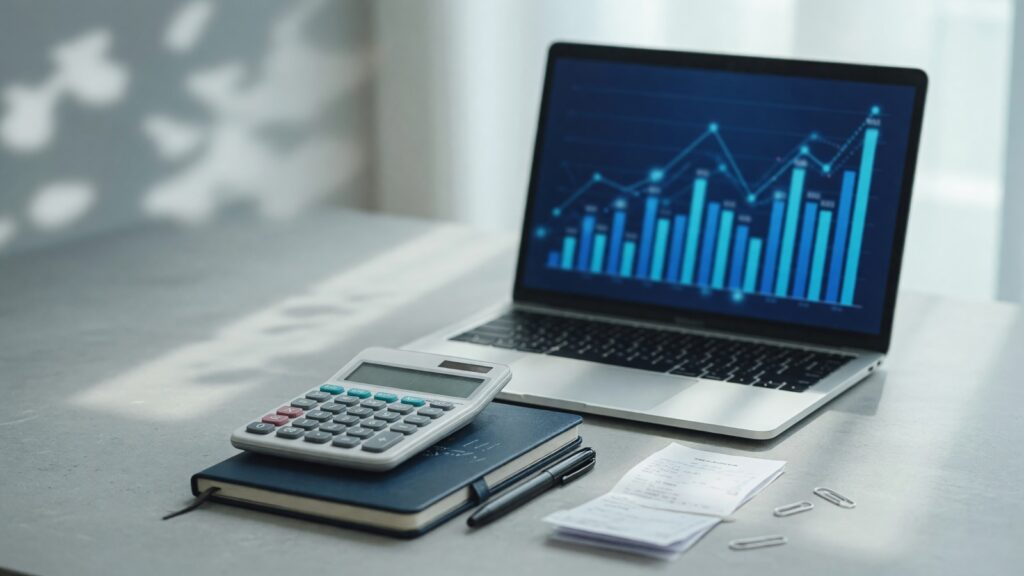 An office desk with a laptop showing abstract dashboard charts and a notebook, soft window light