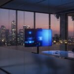 An empty glass conference room at dusk overlooking a city skyline, monitor glow in the foreground