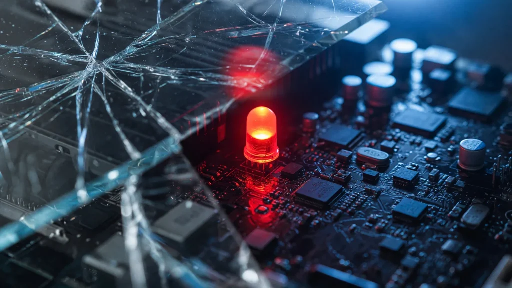 Red warning LED on a dark server motherboard, AI-generated illustration