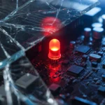 Red warning LED on a dark server motherboard, AI-generated illustration