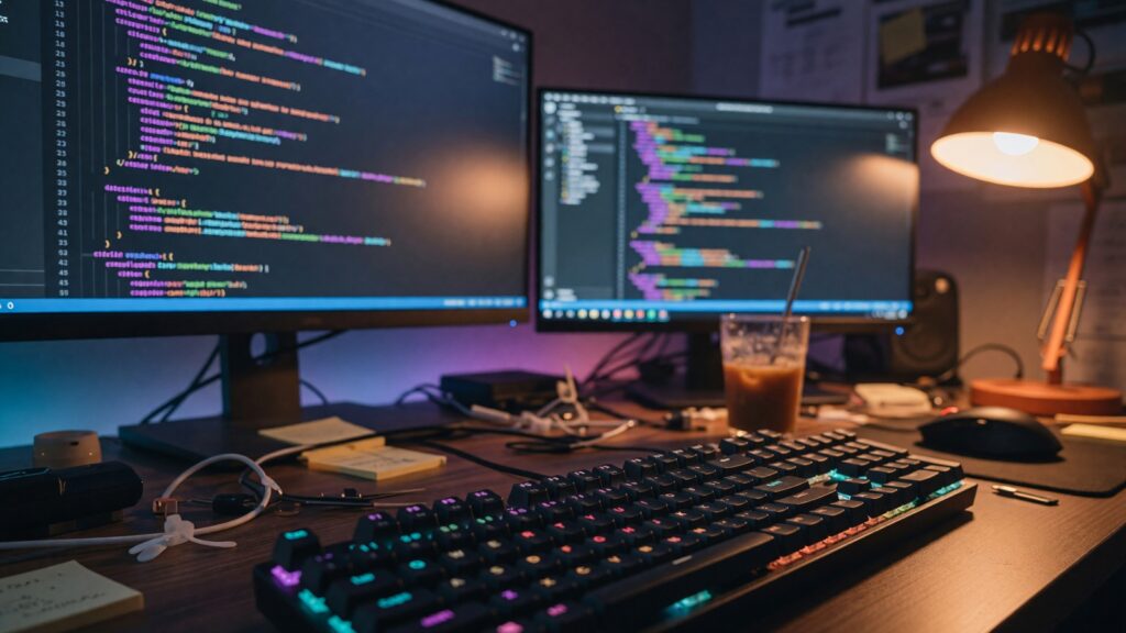 A developer desk at night with dual monitors glowing with abstract code syntax colors