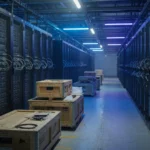 Warehouse aisle of server racks with shipping crates, AI-generated illustration