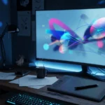 Design tablet and monitor with abstract vector shapes, AI-generated illustration