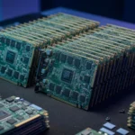 GPU circuit boards stacked like banknotes, AI-generated illustration