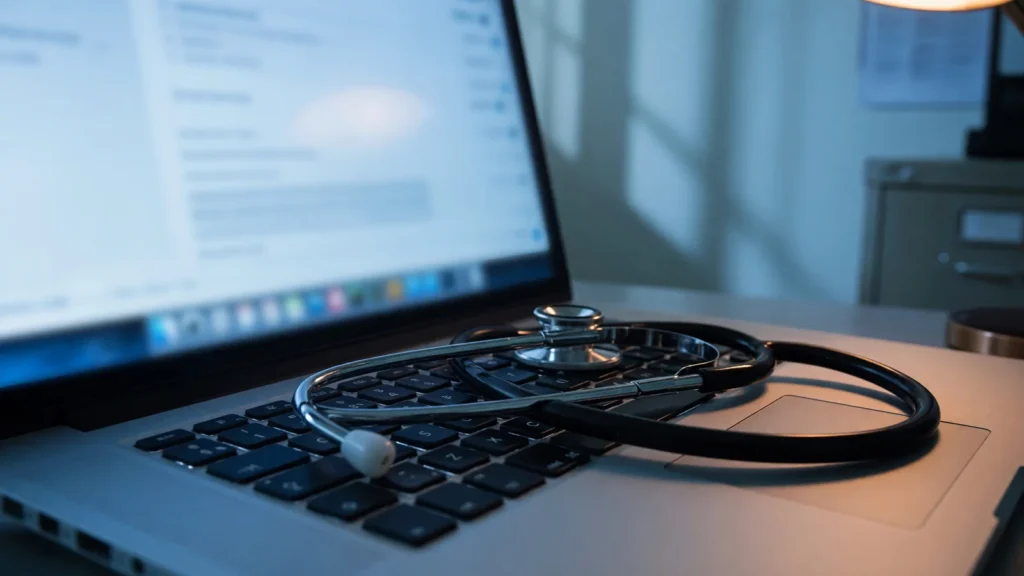 Stethoscope resting on a laptop keyboard in a clinic, AI-generated illustration