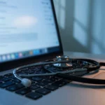 Stethoscope resting on a laptop keyboard in a clinic, AI-generated illustration