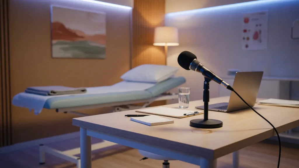 Microphone on an empty clinician desk in warm light, AI-generated illustration