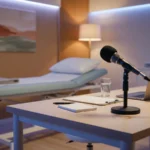 Microphone on an empty clinician desk in warm light, AI-generated illustration
