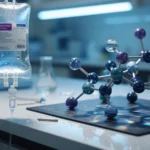 IV drip bag and molecular model on a laboratory bench, AI-generated illustration