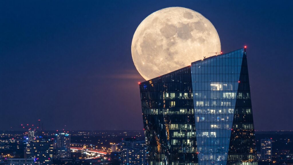A large full moon rising over a modern glass office tower at night