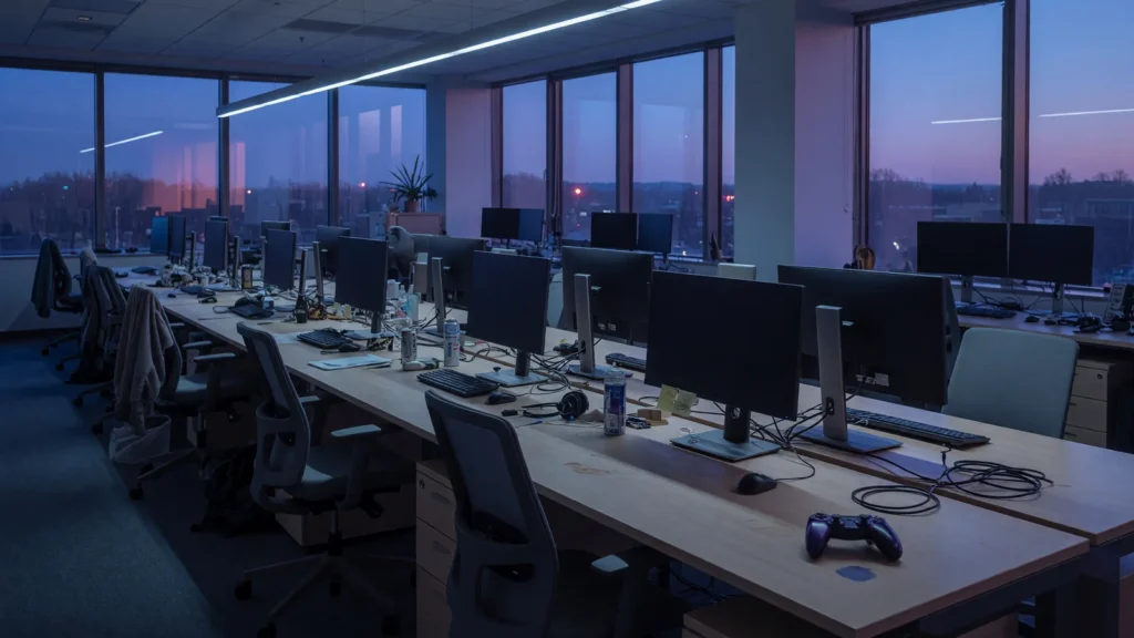 Empty office at dusk with a game controller on a desk, AI-generated illustration